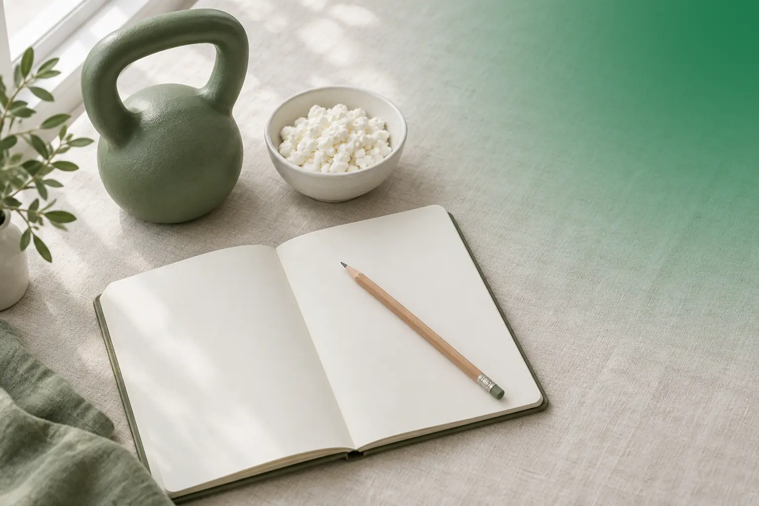 Otwarty notatnik treningowy z ołówkiem, zielony odważnik kettlebell i miseczka serka wiejskiego na lnianym obrusie