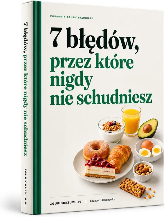 Poradnik 7 błędów, przez które nigdy nie schudniesz, okładka w zielono kremowej oprawie